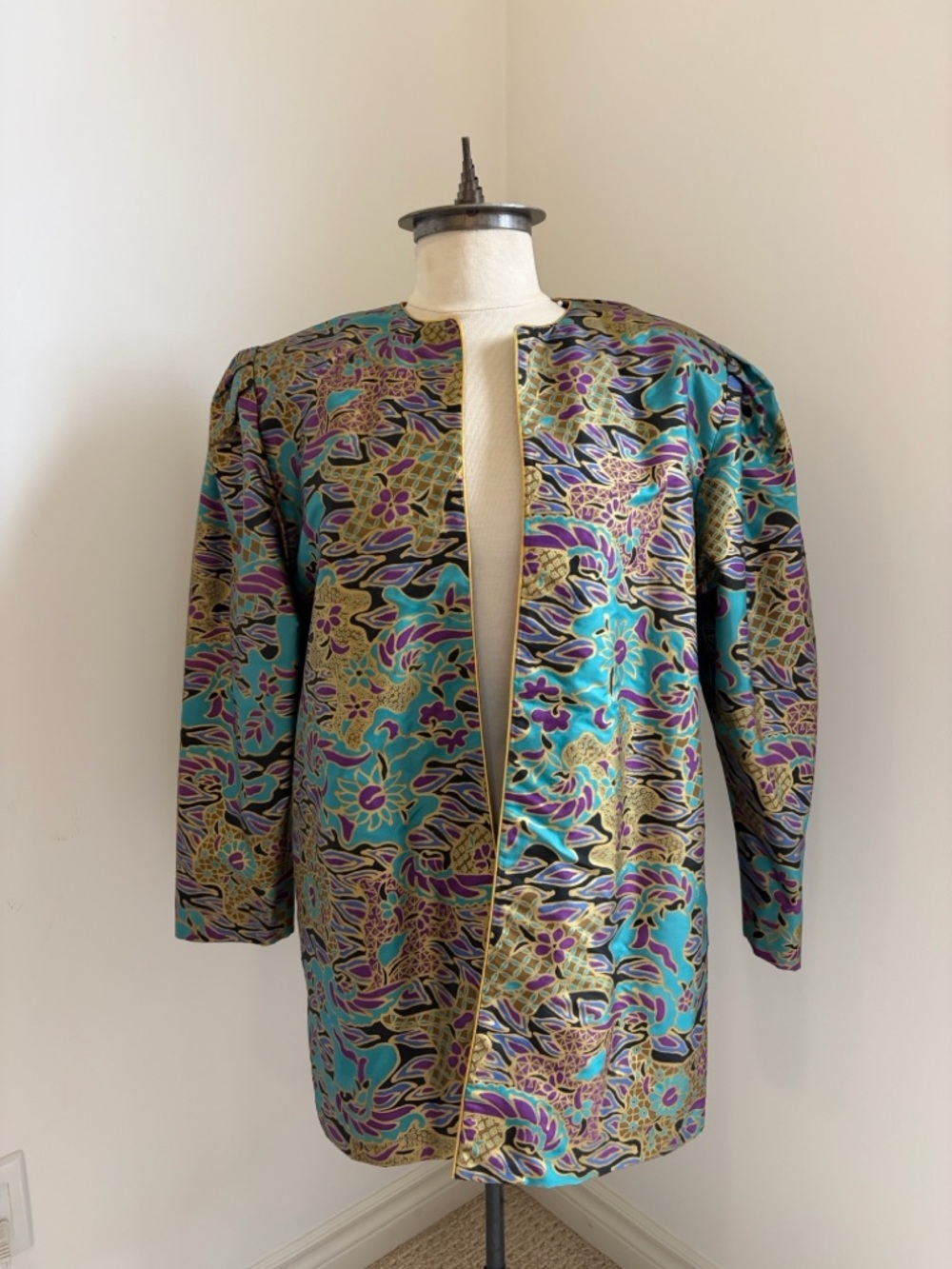 Jim Thompson 100% Silk Vintage Turquoise Floral-Print Open-Front Blazer Jacket